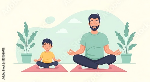 Mindful Father Vector – Yoga and Meditation with Child on Father’s Day

