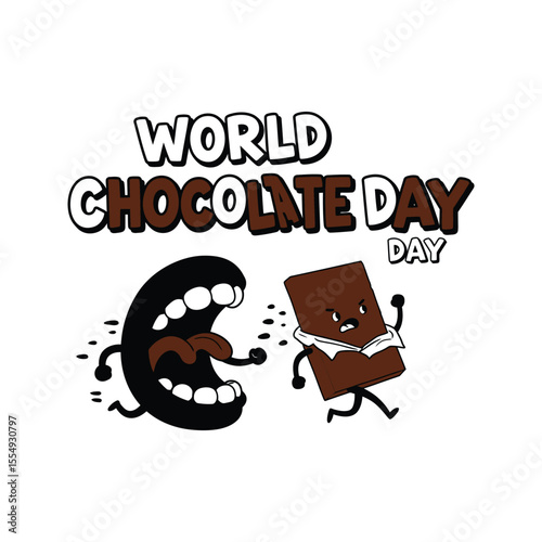 World Chocolate Day Funny Cartoon Illustration of Chocolate Bar Running from a Hungry Mouth