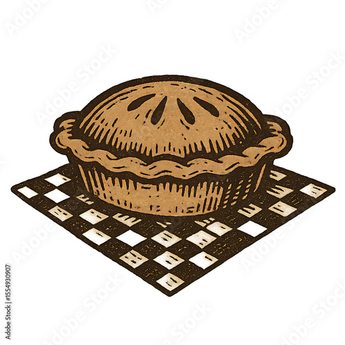 Woodblock Illustration of Pie on Checkered Surface