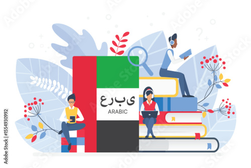 Online Arabic language courses flat vector illustration. Distance education, remote school, Arabian university. Students reading books Internet class, e learning language school isolated