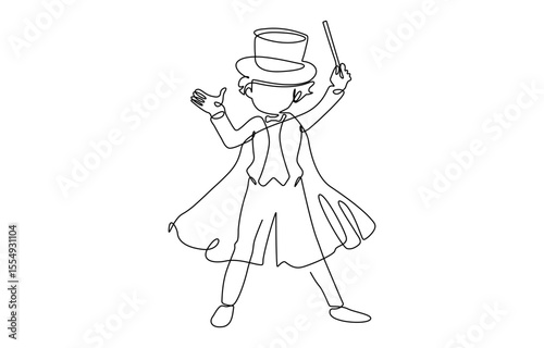 Single continuous line drawing the magician puts on a show by getting a bird out of his magic hat. A very, Professional work profession and occupation minimal concept.