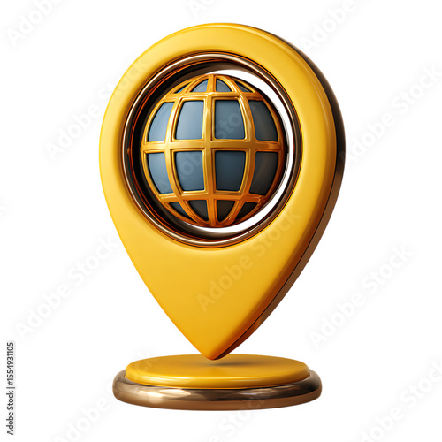 Golden location pin with globe inside on a pedestal