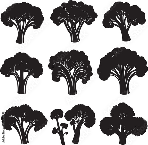 Black vector illustration of minimalist broccoli silhouettes
