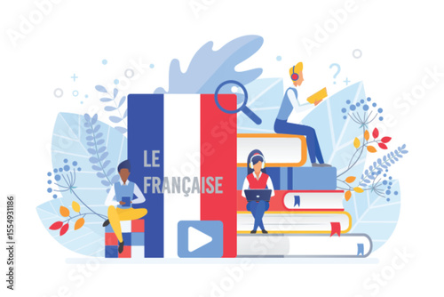 Online language courses flat vector illustration. Distance education, remote school, France university lessons. French language Internet class, e learning isolated clipart on white background
