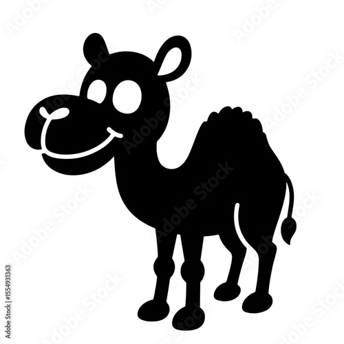 Cartoon illustration of a cute black camel with one hump, smiling expression.