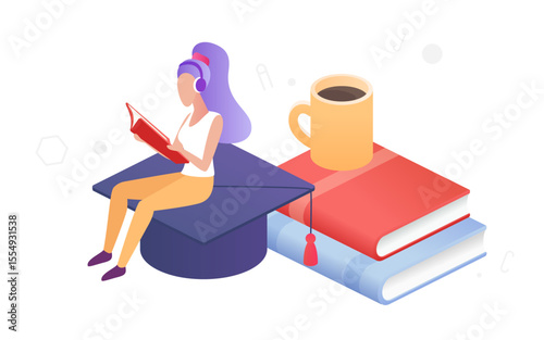 Young woman studying with book headphones sitting on graduation cap next to stacked textbooks and coffee cup perfect for education knowledge or online learning concepts isolated on white background