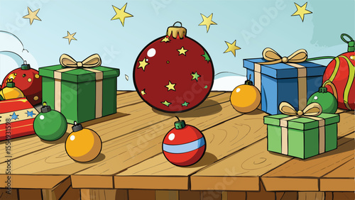 Vintage Holiday Gift Boxes and Ornaments on Wood Surface.