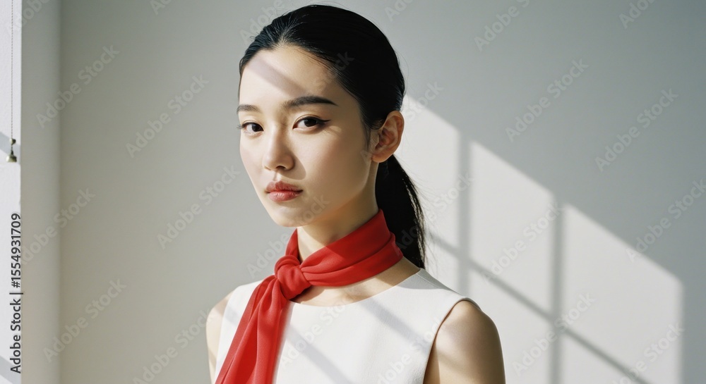 Woman in white dress, red scarf Woman in white dress, red scarf