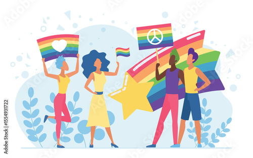 LGBT pride festival vector illustration. Cartoon flat homosexual couple characters holding rainbow flag and placards on parade for LGBT rights, sexual discrimination protest concept isolated on white