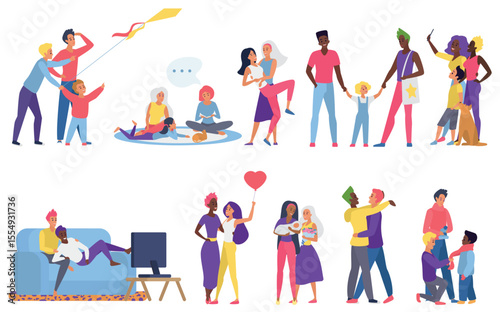Lgbt couple people vector illustration flat set. Cartoon happy man woman lover characters hug, spend time together, gay lesbian parents take care of adopted children, parental love isolated on white