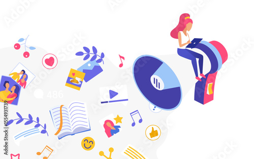 Young woman using tablet on megaphone surrounded by social media icons, music, photos, likes, and messages, representing digital life and online interaction isolated on white background vector