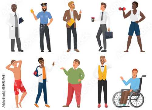 Male characters vector illustration set. Cartoon flat standing or walking man of different professions, age, nationality. Multinational professional men people diverse collection isolated on white