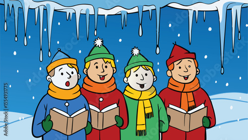 Winter Carolers with Icicles Overhead.