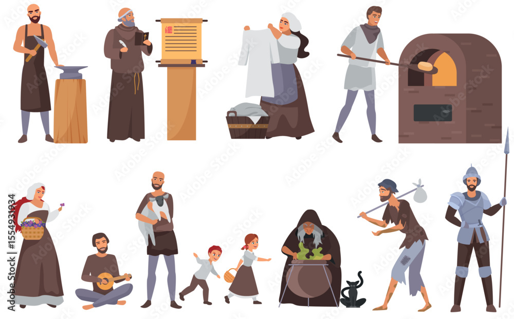 Obraz premium Medieval people vector illustration set. Cartoon flat historical middle ages characters collection with peasant family, blacksmith and priest, laundress, beggar in historic costumes isolated on white