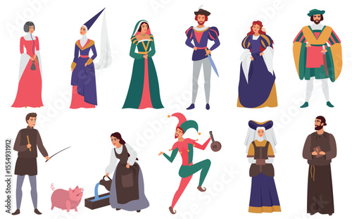 Medieval people vector illustration flat set. Cartoon medieval person history collection of man woman characters in old historical aristocrat costumes, peasant farmer, priest, jester isolated on white