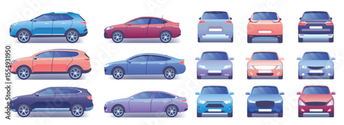 Modern car vector illustration set. Cartoon flat side front back view collection with colorful car and closed trunk, compact city crossover, passenger sedan car, transport mockup template isolated set