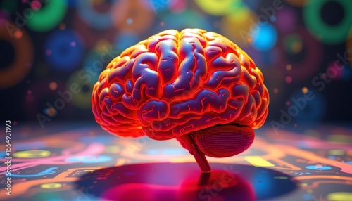 brain in colorful backdrop, bathed in soft neon glow and bright noon sunlight for depth and focus.