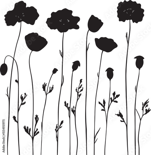 Set of poppy flower silhouettes in a clean and simple black vector illustration