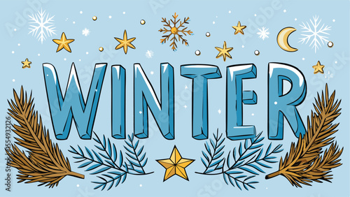 Winter Greeting Card with Pine Branches and Golden Stars.