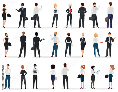 Business people conversation at pandemic cartoon vector illustration set. White and black men and women in mask, in formal suit discuss talking at distance to protect from coronavirus infection