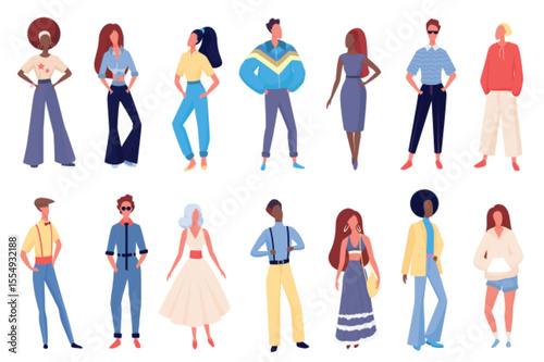 People in old fashion clothing vector illustration set. Cartoon young fashionable female and male characters standing in row, wearing hippie disco boho old fashioned clothes costumes isolated on white