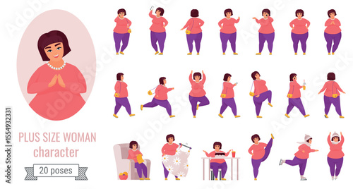 Plus size woman poses vector illustration set. Cartoon cute fat female character collection with large curvy lady posing, doing sport or yoga exercises and skating, eating big cake isolated on white