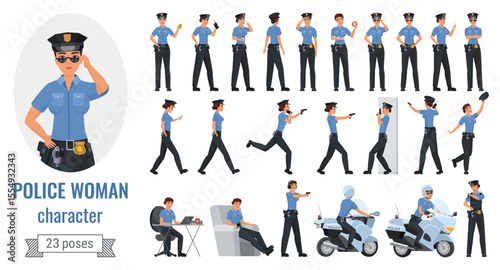 Police officer woman poses vector illustration set. Cartoon young female worker character working in different poses, gestures and actions, posing with phone, gun, police motorcycle isolated on white