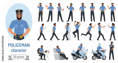 Policeman poses vector illustration set. Cartoon bearded professional police officer character in various action with emotions, cop in uniform posing and running, standing or walking isolated on white