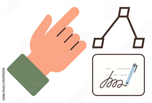 Hand pointing upward with flowchart nodes and a signed document symbolizes decision-making, processes, and agreements. Ideal for workflow, contracts, planning, choice, verification, automation