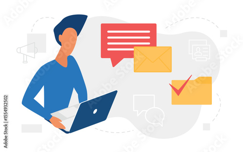 Email message, mail letter notification concept vector illustration. Cartoon man character reading incoming sms, sitting with laptop and envelope, chat online communication icons isolated on white
