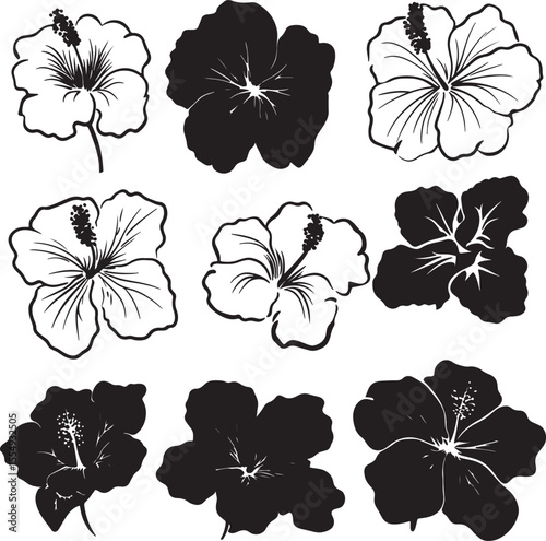 Collection of sleek black vector silhouettes of hibiscus flowers