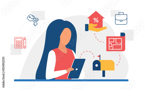 Real estate agency concept with icons vector illustration. Cartoon woman character holding tablet, agent realtor hand offers discount on sale or rental of house or home apartment isolated on white