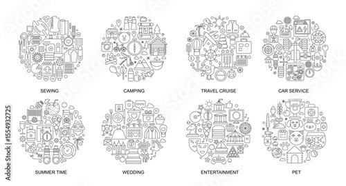 Collection of round line icons representing sewing, camping, travel, car service, summer, wedding, entertainment, and pet care for creative design and infographics vector illustration
