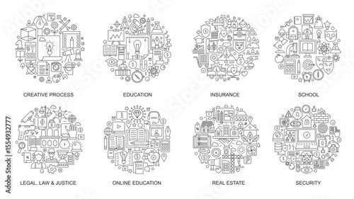 Modern round line icons set covers creative process, education, insurance, school, law, online learning, real estate, security for web, apps, presentations vector illustration