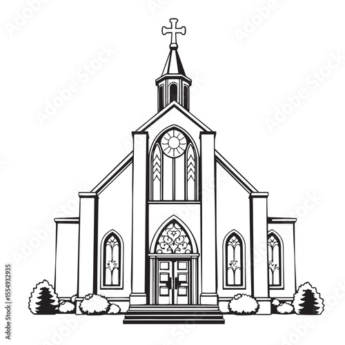 Christian church building with stained glass windows concept black and white vector illustration.