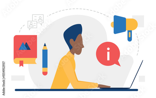 Digital marketing web concept vector illustration. Cartoon man character sitting with laptop and website contacts, online blog content, megaphone mass promotion in social media icons isolated on white