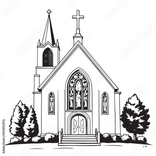 Christian church building with stained glass windows concept black and white vector illustration.