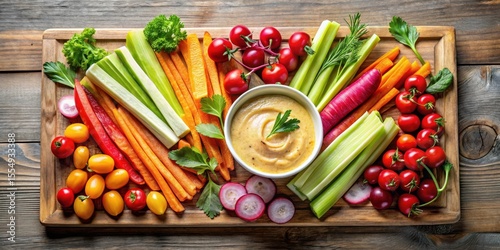 A colorful arrangement of fresh-cut vegetables and creamy dip on a rustic wooden board