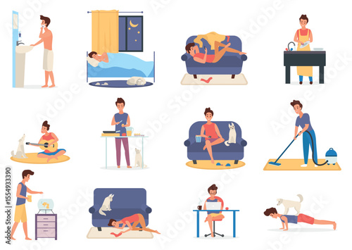 Busy man everyday lifestyle vector illustration set. Cartoon morning afternoon evening and night home life activity of young male character, guy using phone, laptop for communication and work, cooking