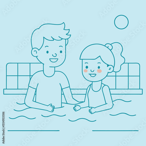 One single line drawing of young happy boy and girl play together in indoor pool sport center vector graphic illustration