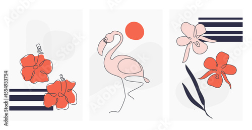 Modern tropical set featuring abstract flamingo, hibiscus, and orchid flowers in a minimalist line art style perfect for summer decor, posters, or invitations vector illustration