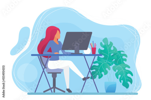 Young woman working at home computer flat vector illustration concept. Freelancer girl works at table with monitor. Work stay at home. Designer programmer female