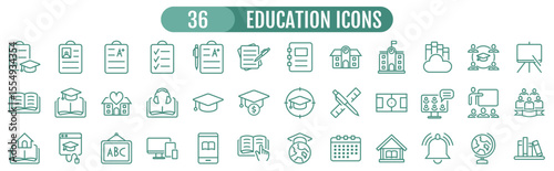 Set of 36 Education and Learning web icons in green colored line style. School, university, textbook, learning. Vector illustration.