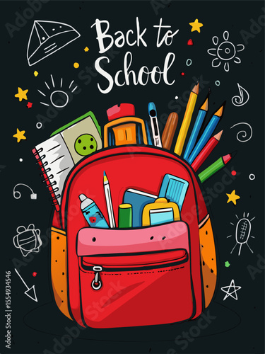 Back to School A Colorful Backpack Overflowing with Supplies on a Chalkboard Background