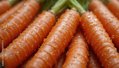 Close-up of fresh carrots with green stems, covered in water droplets, arranged in a group.