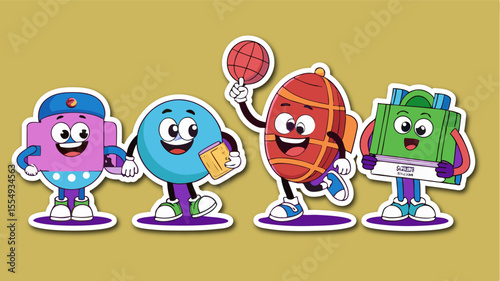 Group of Whimsical Cartoon Characters with Bright Colors and Unique Shapes Standing Together on a Yellow Background