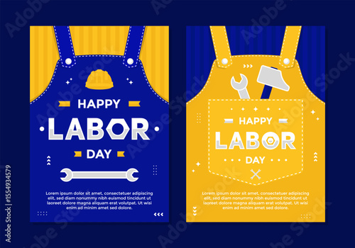 Happy Labor Day poster template set with yellow and blue color. Labor Day poster with hammer, wrench, and construction helmet on yellow and blue background