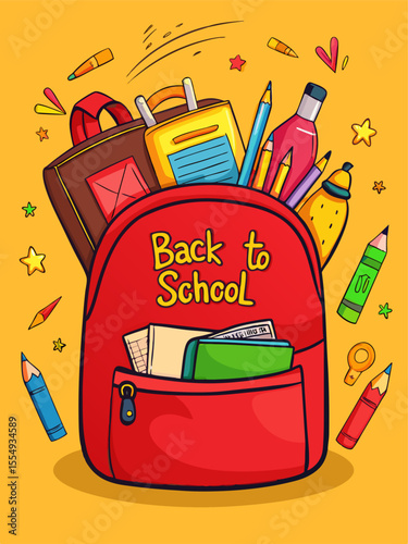 Colorful Cartoon Back to School Backpack Filled with School Supplies on Yellow Background