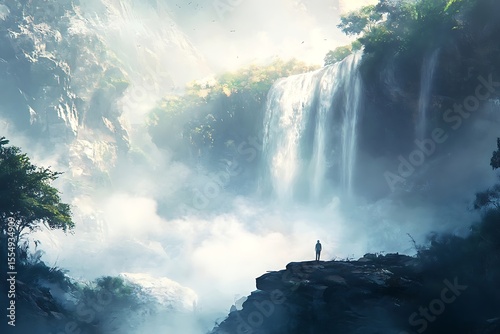 Mystical Waterfall Landscape with Silhouette Figure