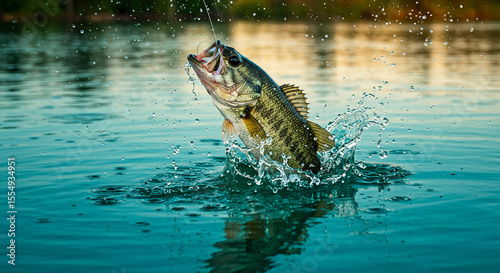Largemouth bass leaping out of water.
Bass fish caught on hook, jumping out of lake water with dramatic splash during golden hour.
